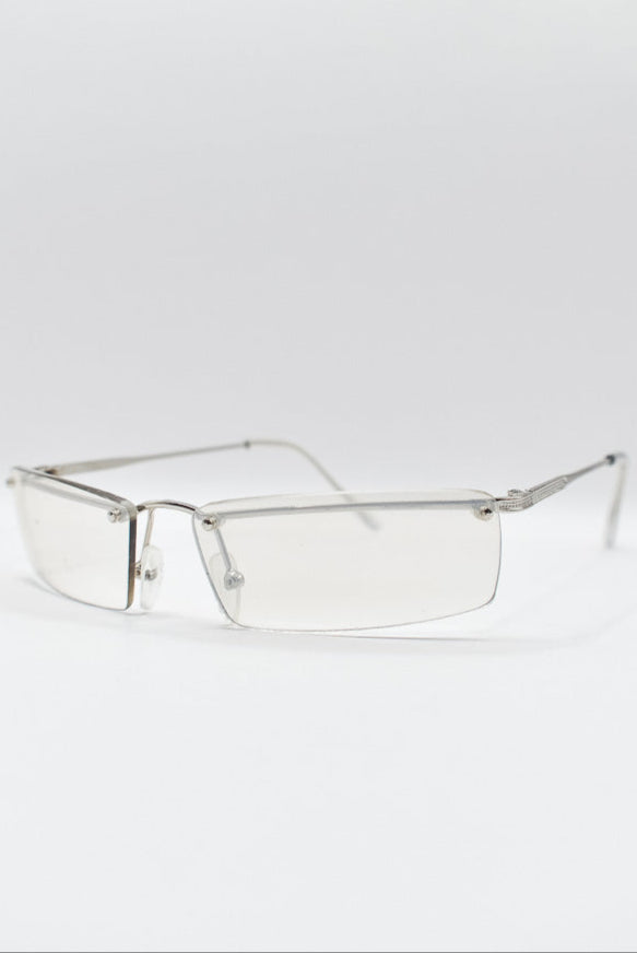 Silver rectangular eyeglasses on a white background