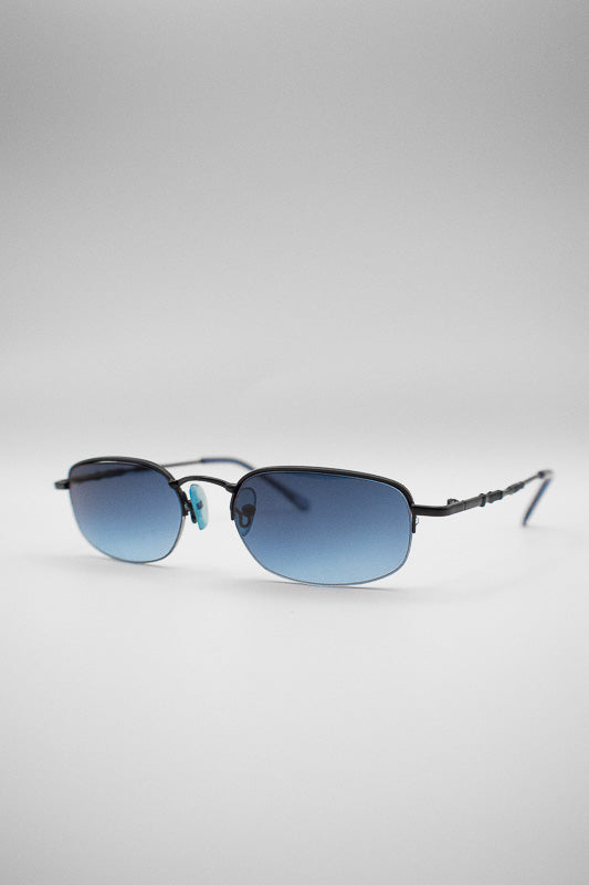 A pair of vintage blue tinted sunglasses with a black frame and arms, featuring a blue ombre tinted lens.