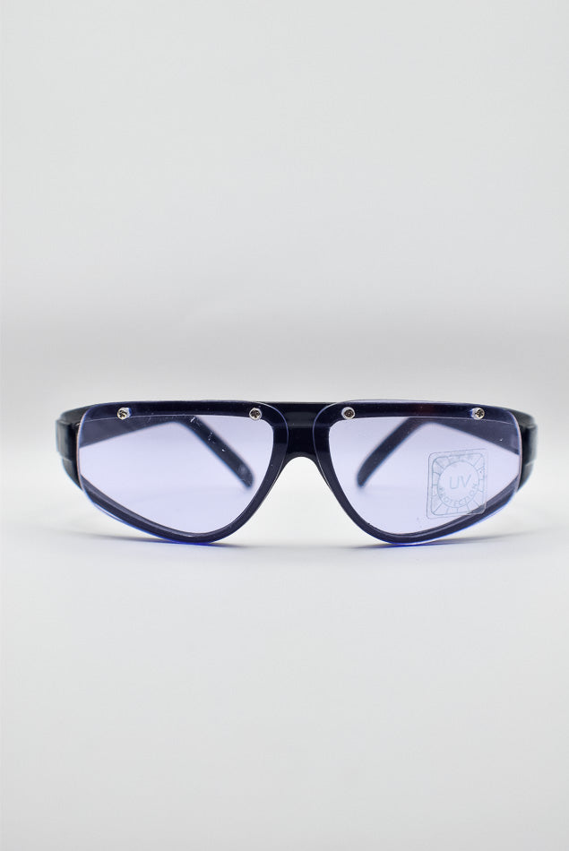 Black frame, blue tinted sunglasses with reflective lenses on a white background