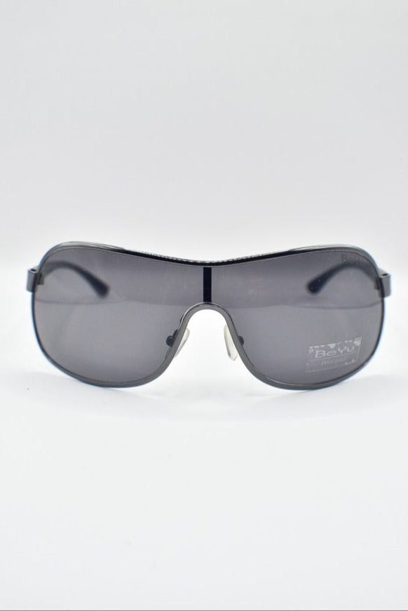 Sunglasses with a metallic frame and dark lenses on a white background