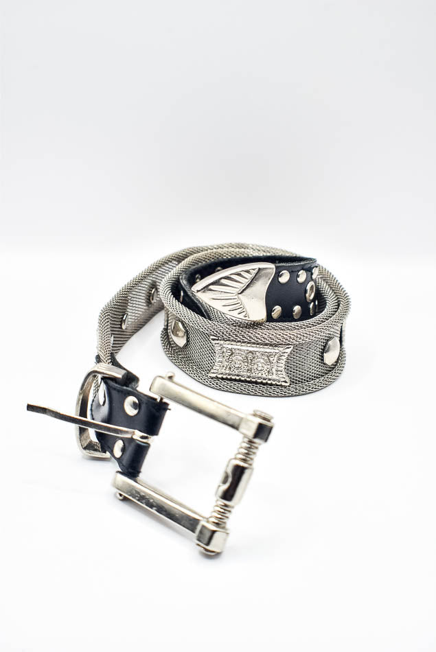 Gray belt with silver buckle and black accents on a white background